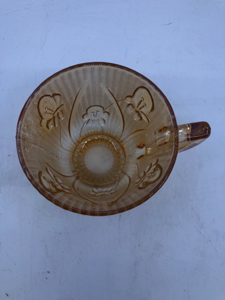 VTG CARNIVAL GLASS TEA CUP/SAUCER EMBOSSED FLOWERS.