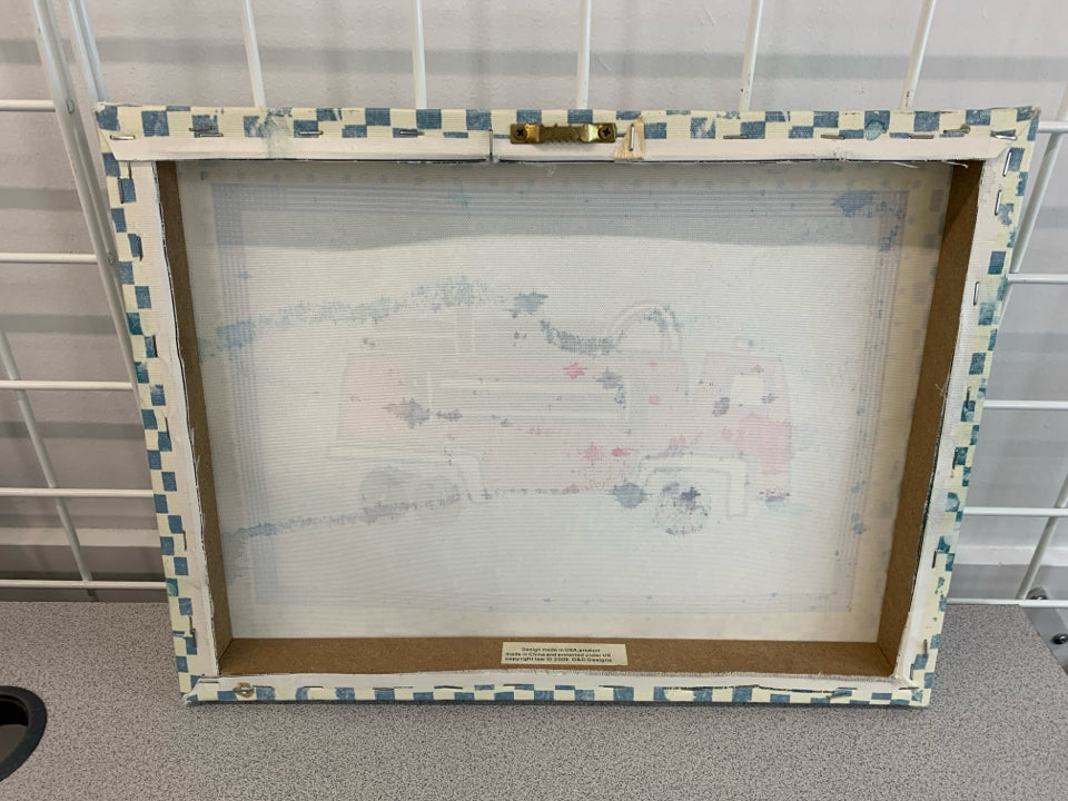 FIRE TRUCK W/CHECKERED BORDER CANVAS WALL HANGING.