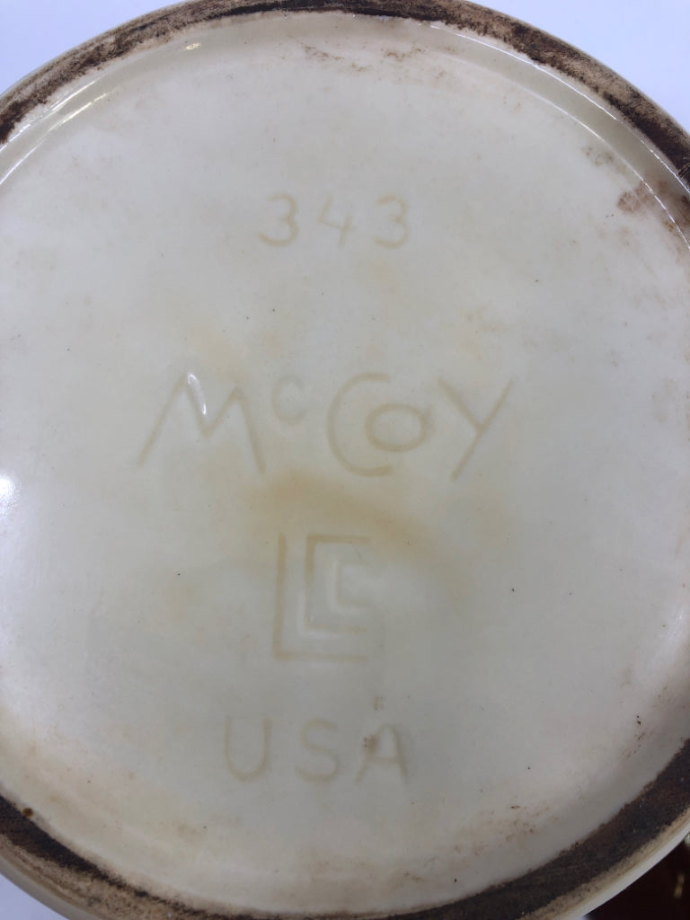 2-TONED COVERED BEAN POT W/HANDLES- BROWN & CREAM.