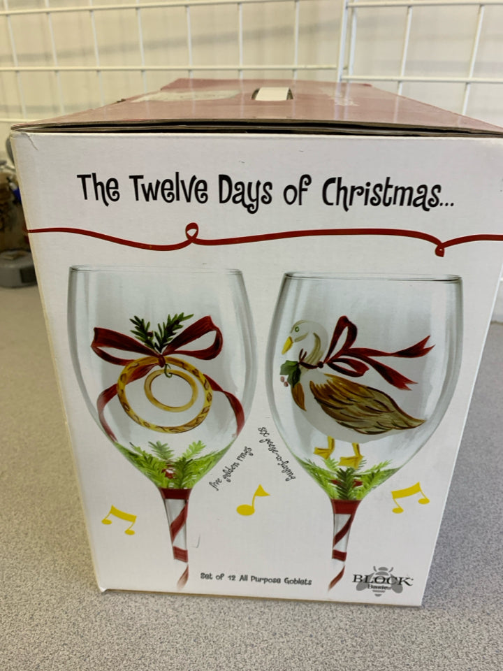 12 DAYS OF XMAS WINE GOBLETS-IN BOX.