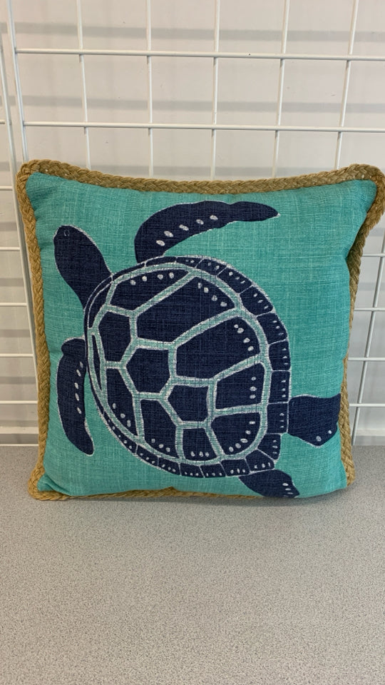 TEAL TURTLE PILLOW W/BURLAP EDGE.