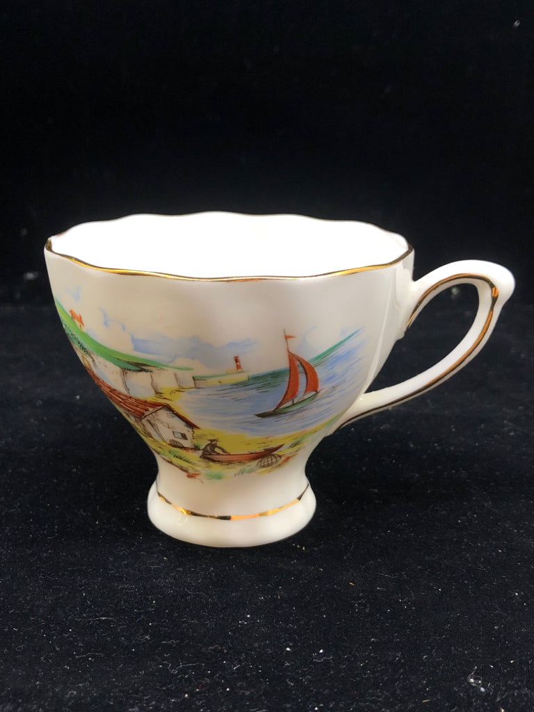 BEACH W SAILBOAT SCENE TEACUP AND SAUCER.