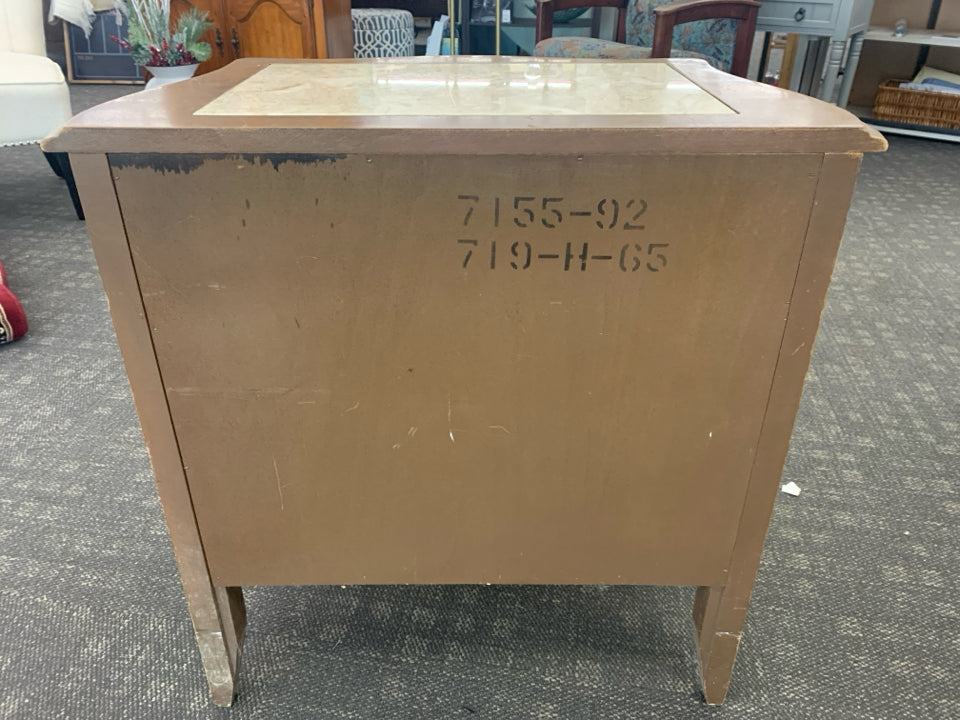 WOOD SIDE TABLE WITH MARBLE TILE TOP.