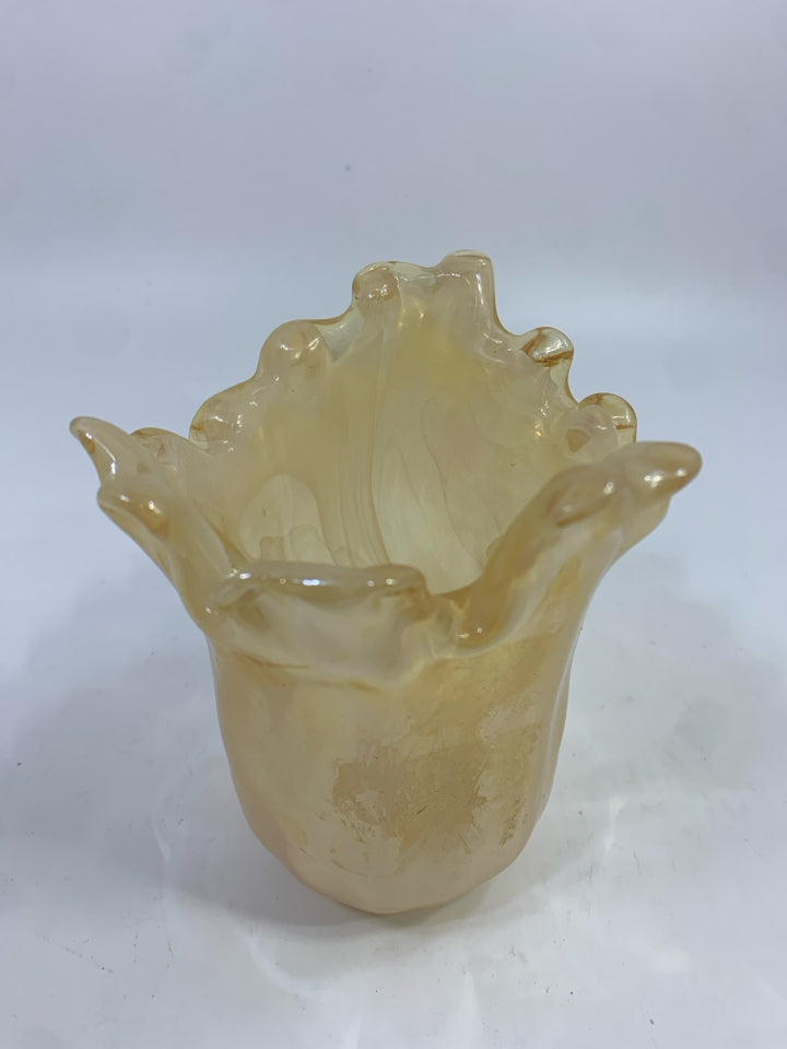 AMBER BLOWN GLASS VASE W/HANDKERCHIEF EDGE.
