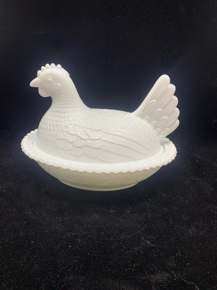 VTG MILK GLASS ROOSTER COVERED DISH.