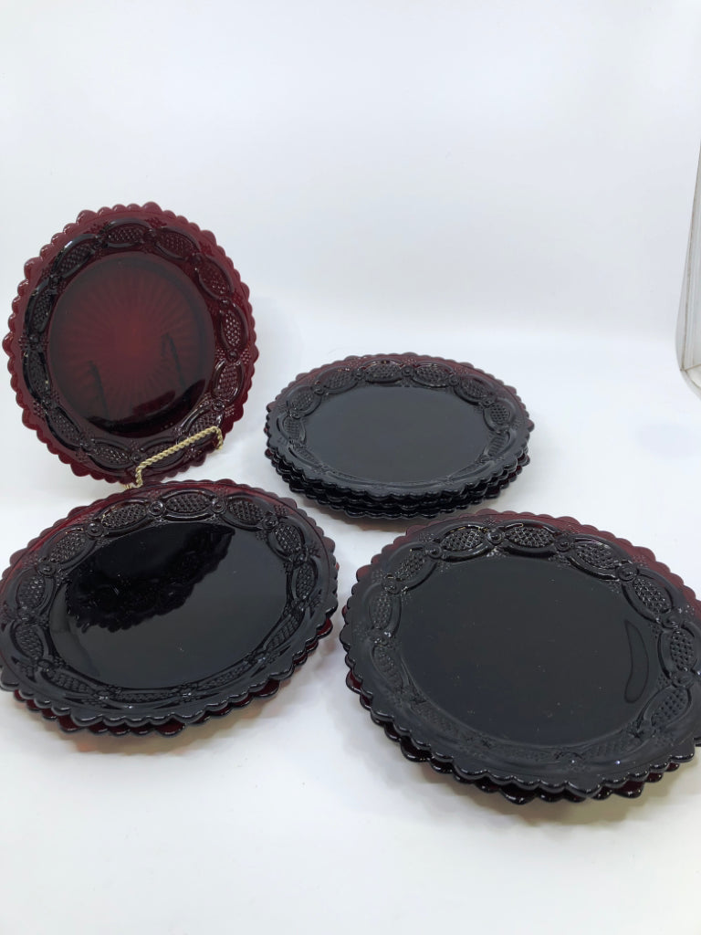 8 VTG AVON CRANBERRY GLASS SIDE PLATES.