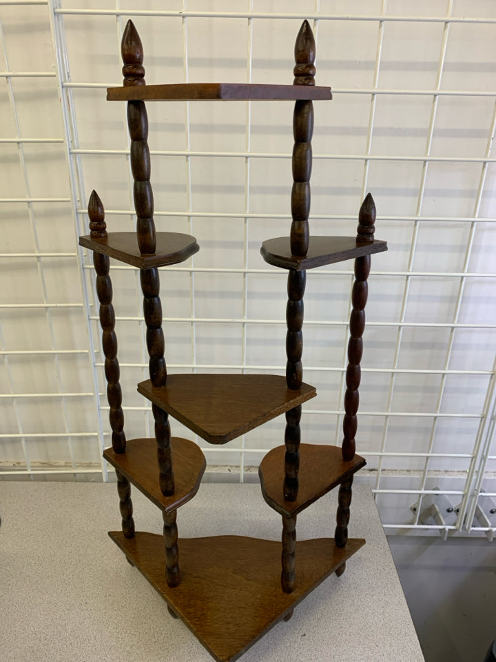 VTG DARK WOOD STANDING SMALL CORNER 7 SHELVES.