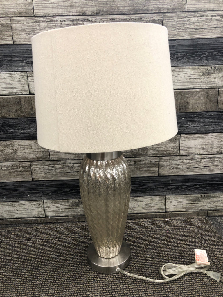 MERCURY GLASS LAMP W/CANVAS SHADE.