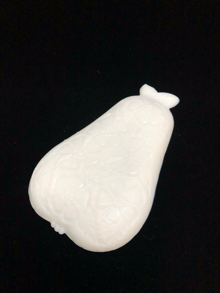 VTG FRUIT PRESSED MILK-GLASS PEAR DISH.