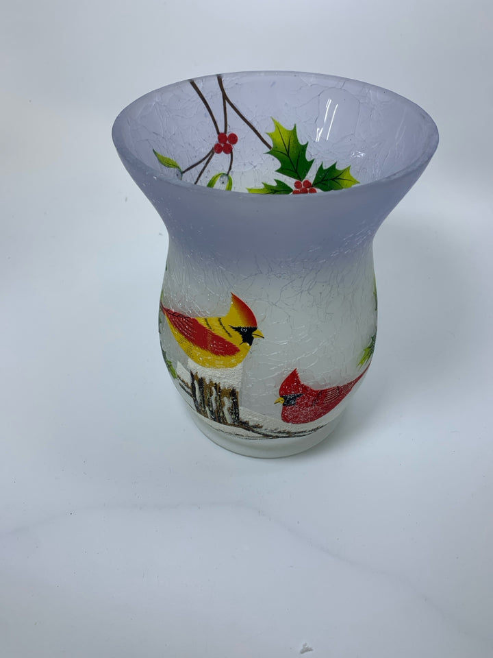 HURRICANE CRACKLE GLASS FROSTED CANDLE HOLDER W/ PAINTED CARDINALS YANKEE CANDLE