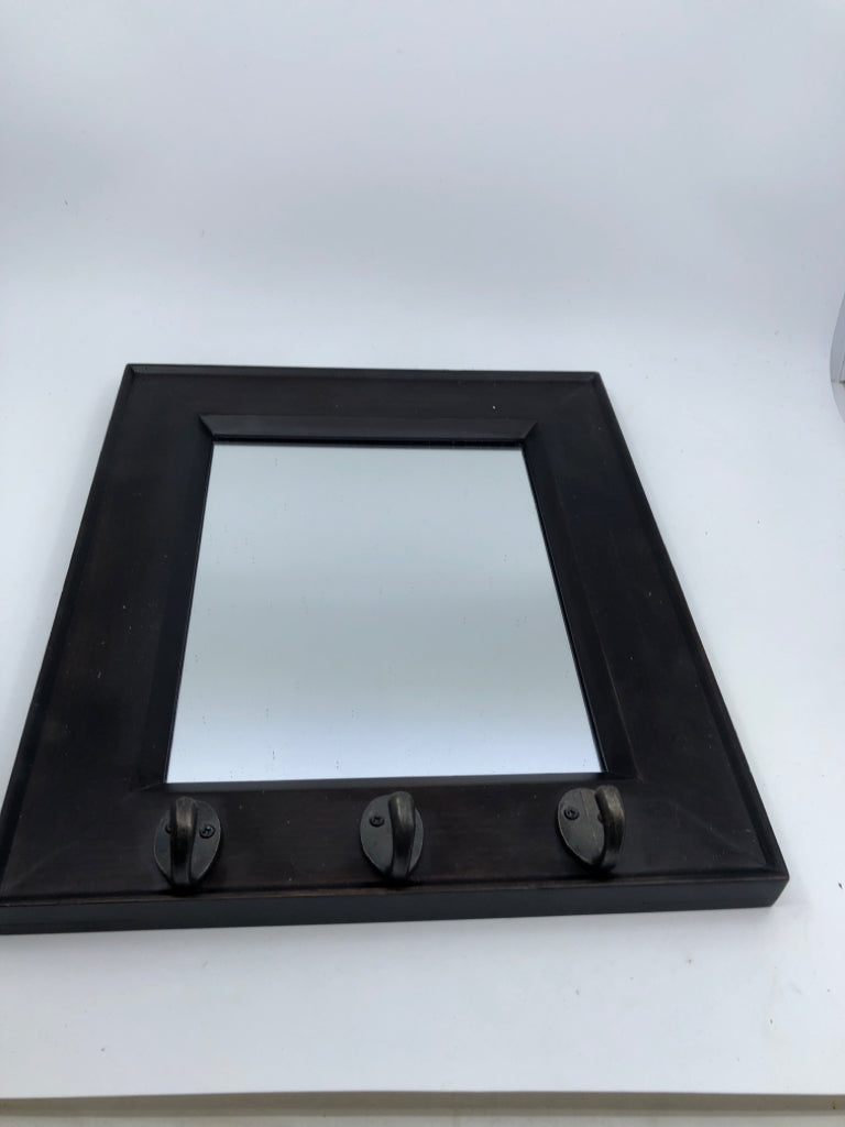SMALL ESPRESSO WOOD MIRROR W 3 HOOKS.