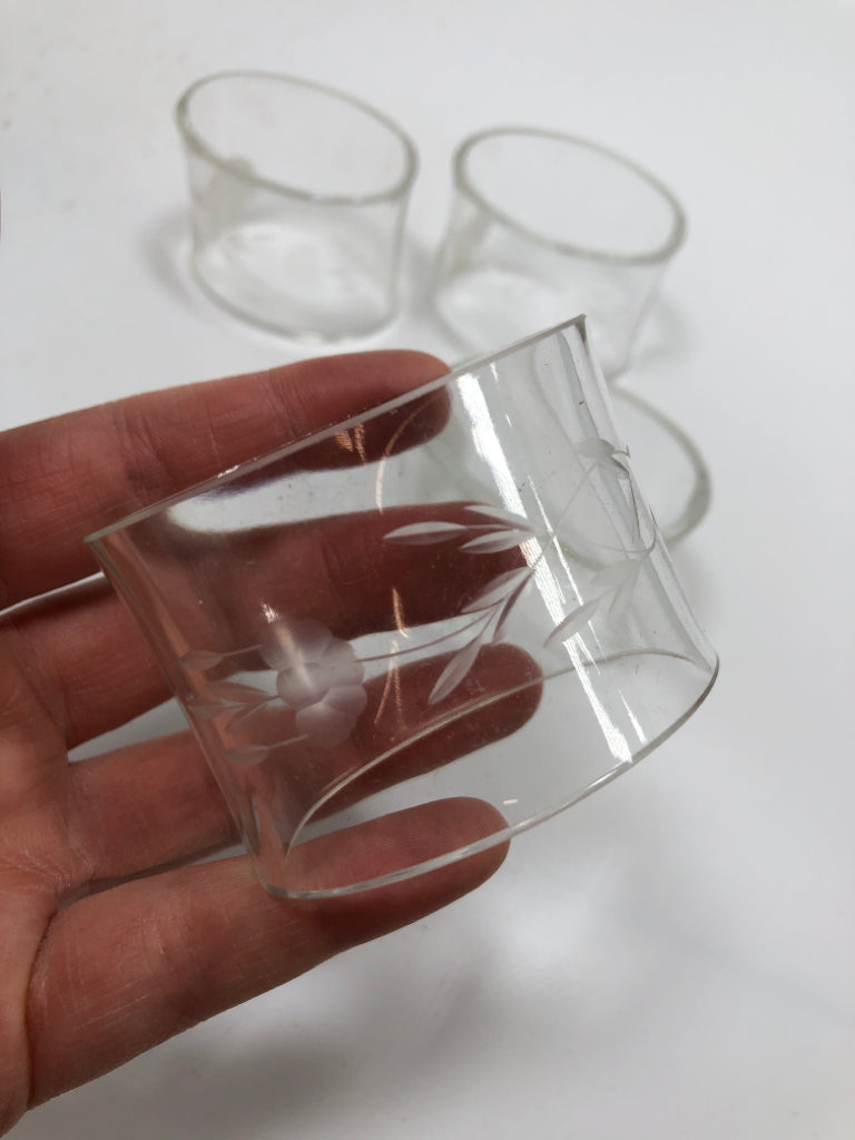 4 GLASS ETCHED NAPKIN HOLDERS.