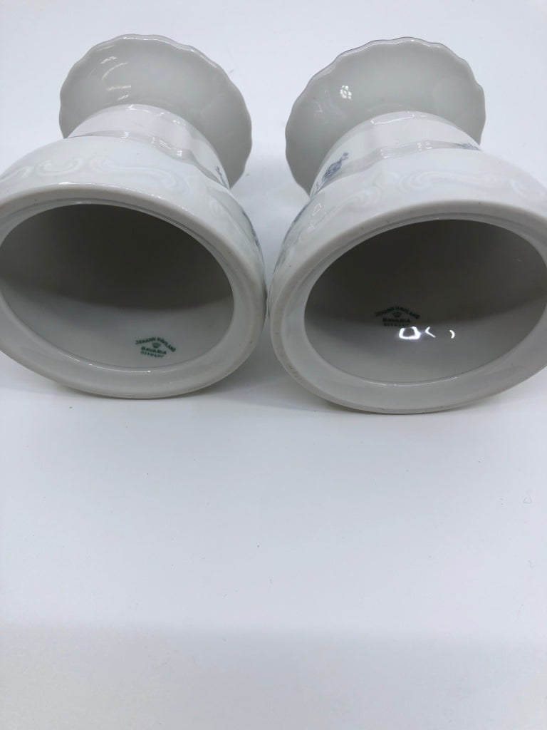 2 VTG WHITE TAPER CANDLE HOLDERS W LIGHT BLUE FLORAL.