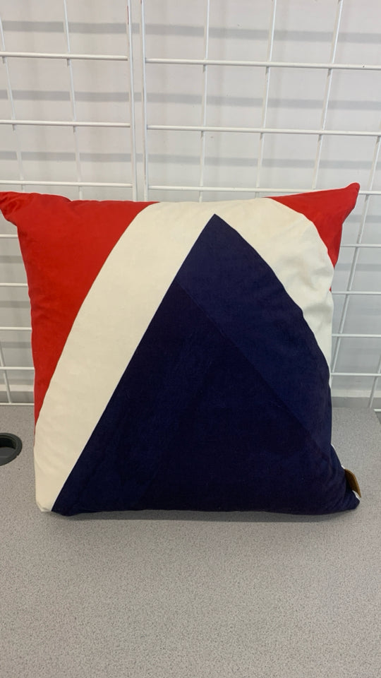 GEOMETRIC RED WHITE AND BLUE PILLOW.