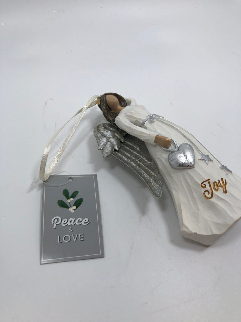 NWT WHITE ANGEL ORNAMENT SILVER WINGS "JOY".