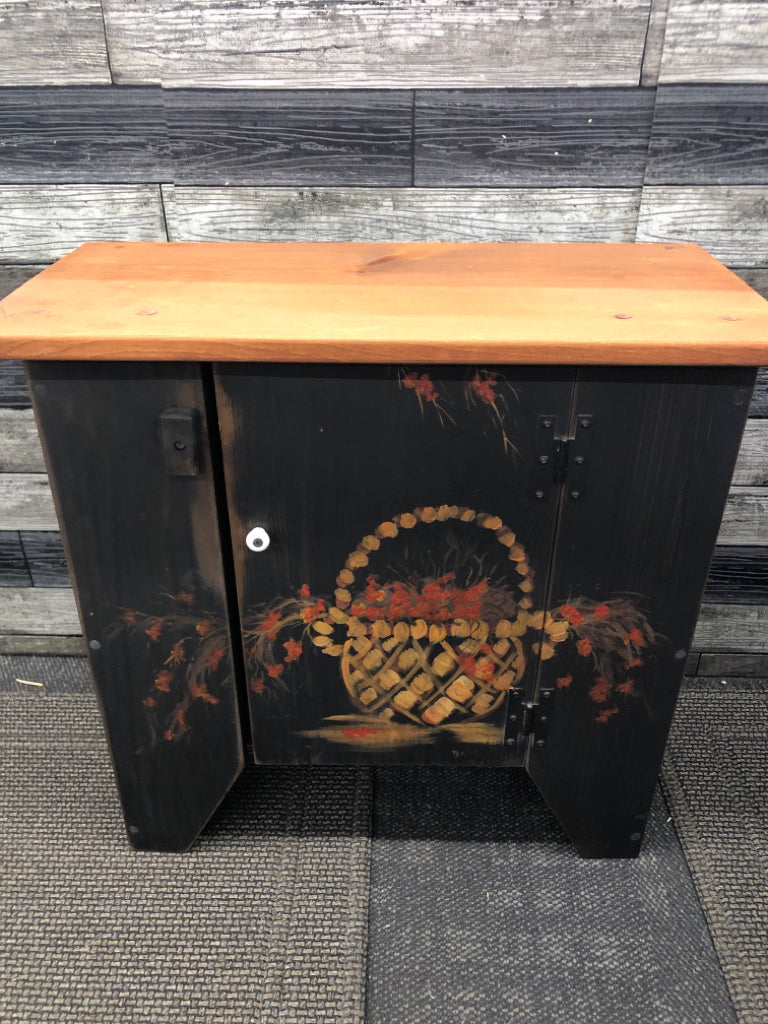 SMALL BLACK PAINTED BASKET CABINET/BENCH.