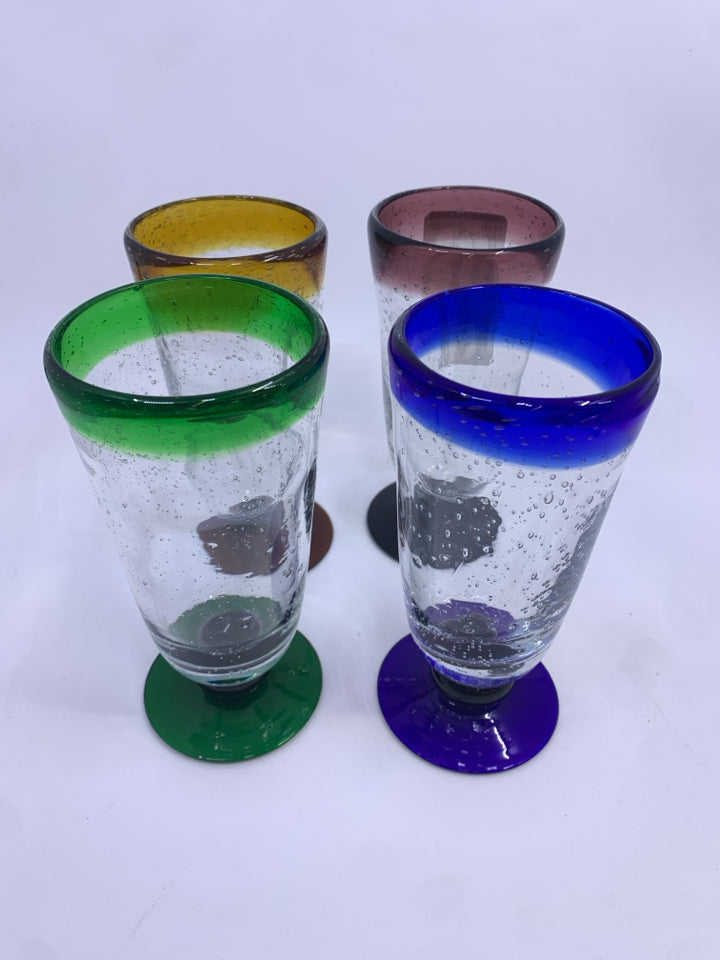 4PC BLOWN GLASS CUPS W/DIFF COLOR RIM & BASE.