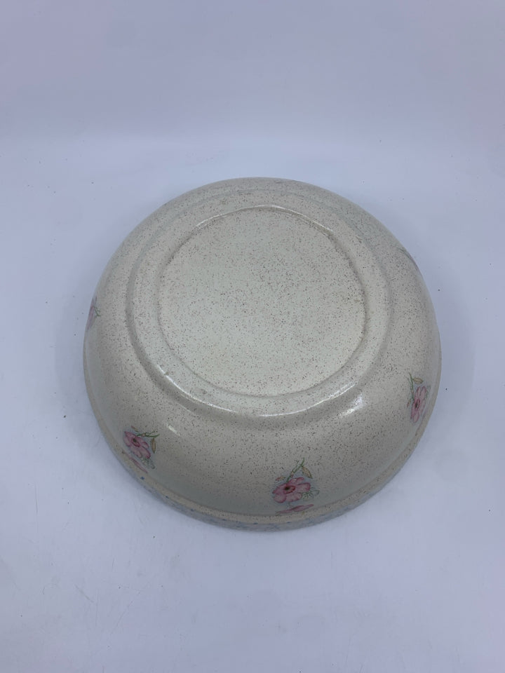 HEAVY POTTERY BOWL CREAM W/ PINK FLOWERS.