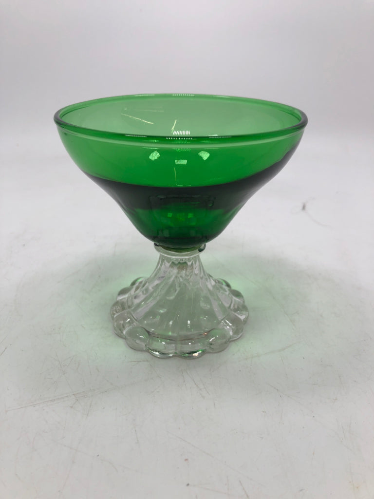 4 GREEN GLASS DESSERT DISHES W/CLEAR GLASS BUBBLE BASE.
