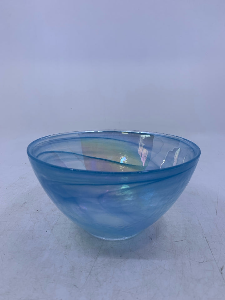 GLASS BOWL W/ LIGHT BLUE SWIRL.