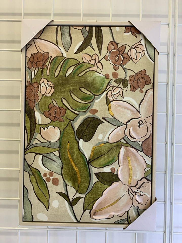 NEW PINK & GREEN FLORAL WALL ART W/ GOLD ACCENTS & PALE PINK BORDER.