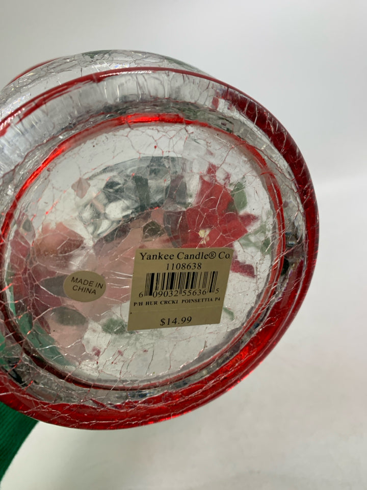 CRACKLE LARGE POINSETTIA PILLAR CANDLE HOLDER W/ STRING LIGHTS YANKEE CANDLE.