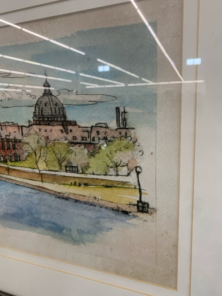 WATERWAY LANDSCAPE PRINT IN BLACK FRAME.