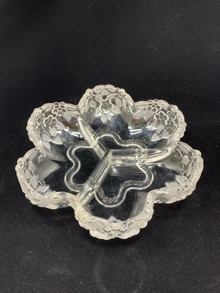 DIVIDED GLASS SERVING DISH W/FROSTED FLOWERS.