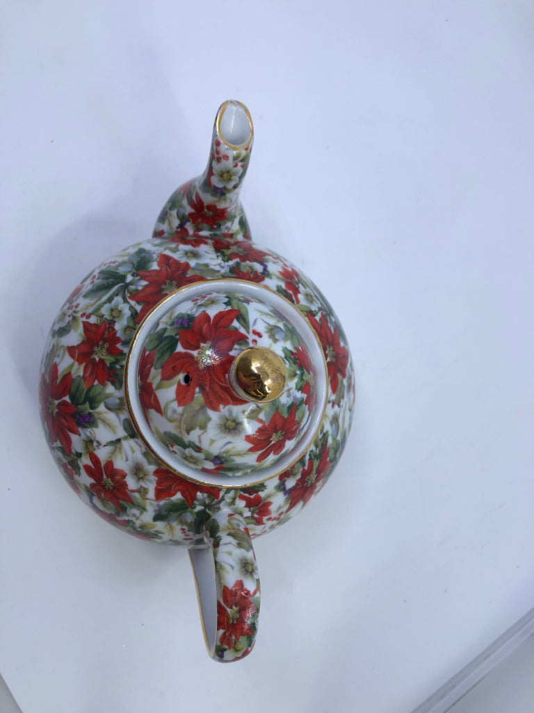 WHITE W/ RED POINSETTIA TEA POT.
