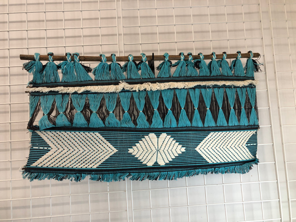 BLUE WOVEN TEXTILE TAPESTRY.