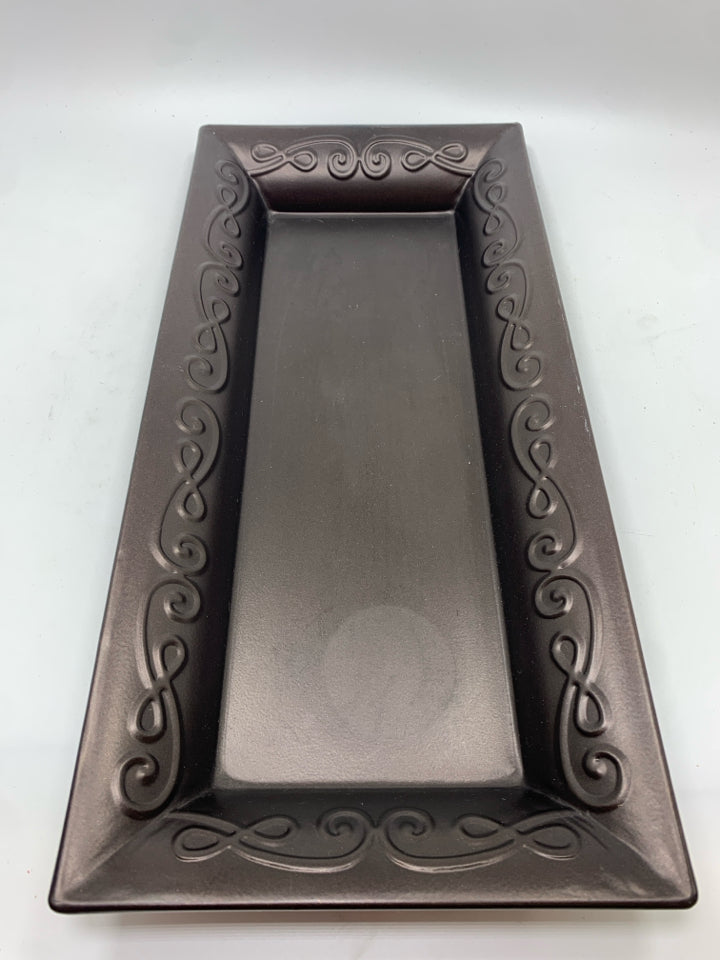 BROWN METAL TRAY W/SCROLL DETAIL.
