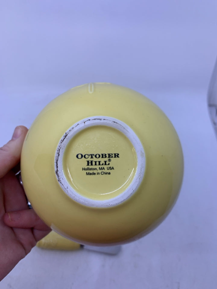 YELLOW DIP BOWL W/ SPREADER EMBOSSED BUTTERFLIES BEADED EDGE.