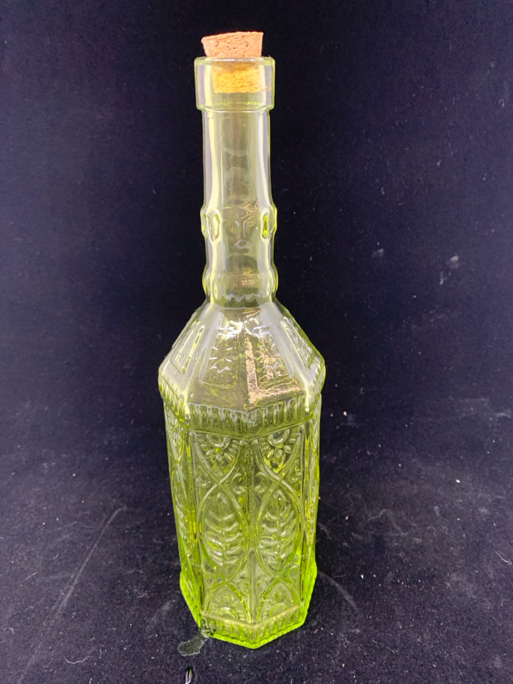 LIME GREEN EMBOSSED GLASS BOTTLE W/CORK STOPPER.