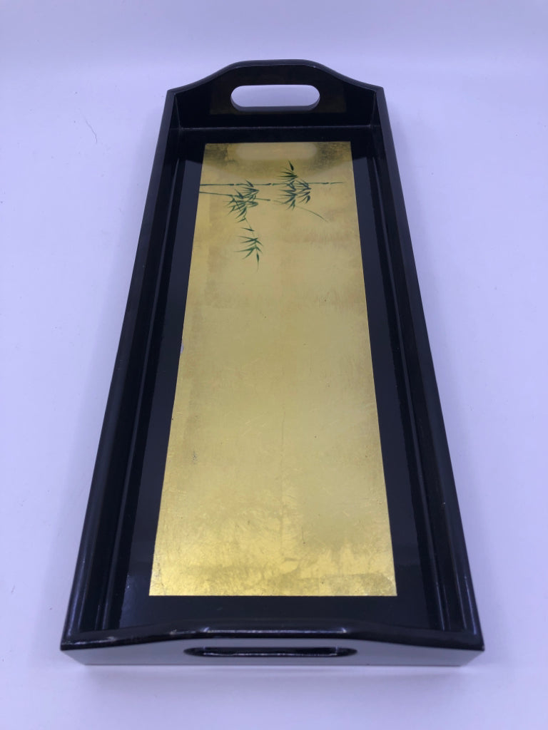 BLACK ASIAN STYLE RECTANGLE TRAY W GOLD ACCENTS AND HANDLES.