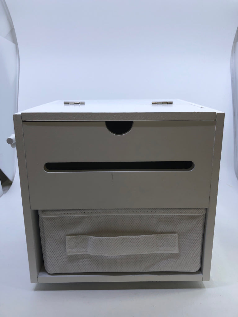 WHITE ORGANIZATION SPINNING CUBE W/ PULL-OUT DRAWER, 2 HOOKS & MAGNET WALL.