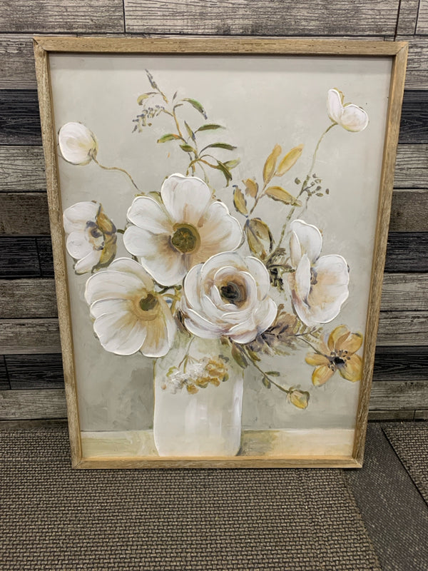 WHITE FLORAL WALL HANGING IN DISTRESSED WOOD FRAME.