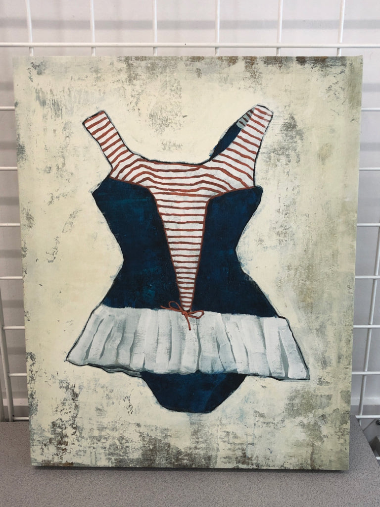 BLUE W/RED STRIPES VTG BATHING SUIT CANVAS PAINTING.