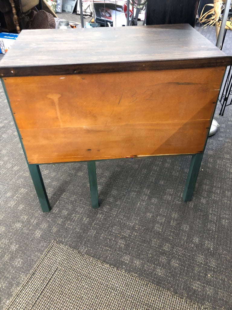GREEN PAINTED DESK, STAINED FINISH TOP.