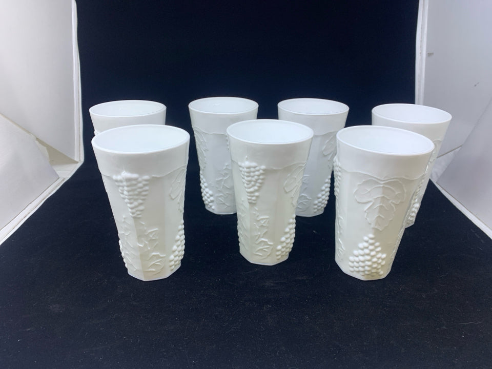 8PC VTG GRAPES EMBOSSED MILK GLASS PITCHER + TUMBLER SET.