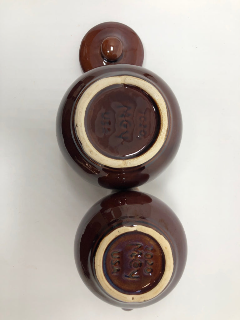 VTG TAN/BROWN CERAMIC GLAZE SUGAR+CREAMER SET.