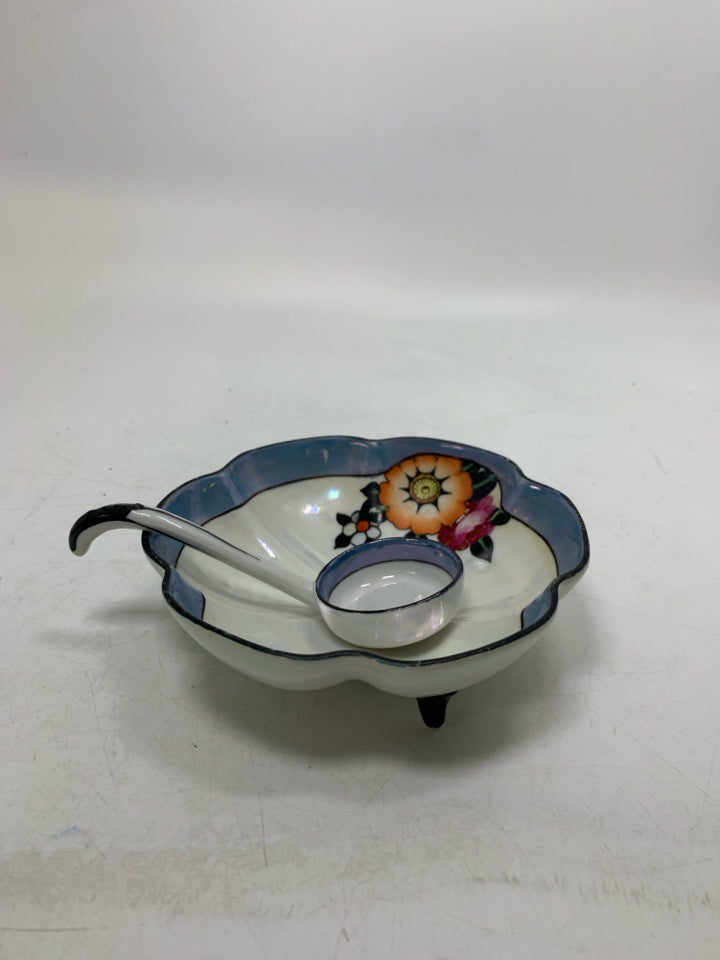 2 PC SPOON & FOOTED BOWL FLOWERS BLUE RIM.