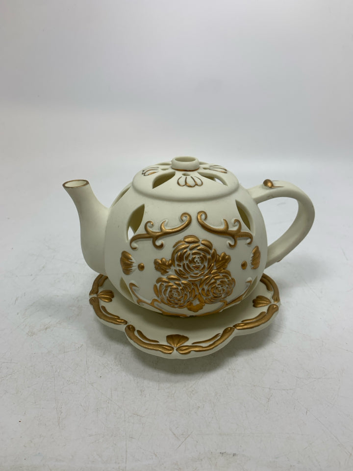 2 PC PIERCED TEAPOT W/ GOLD EMBOSSED ROSES VOTIVE CANDLE HOLDER.