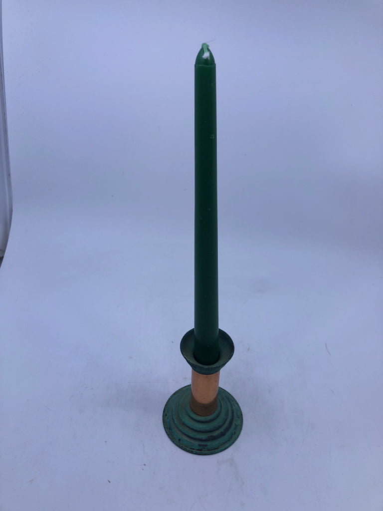 3 COPPER CANDLE HOLDERS W CANDLES.
