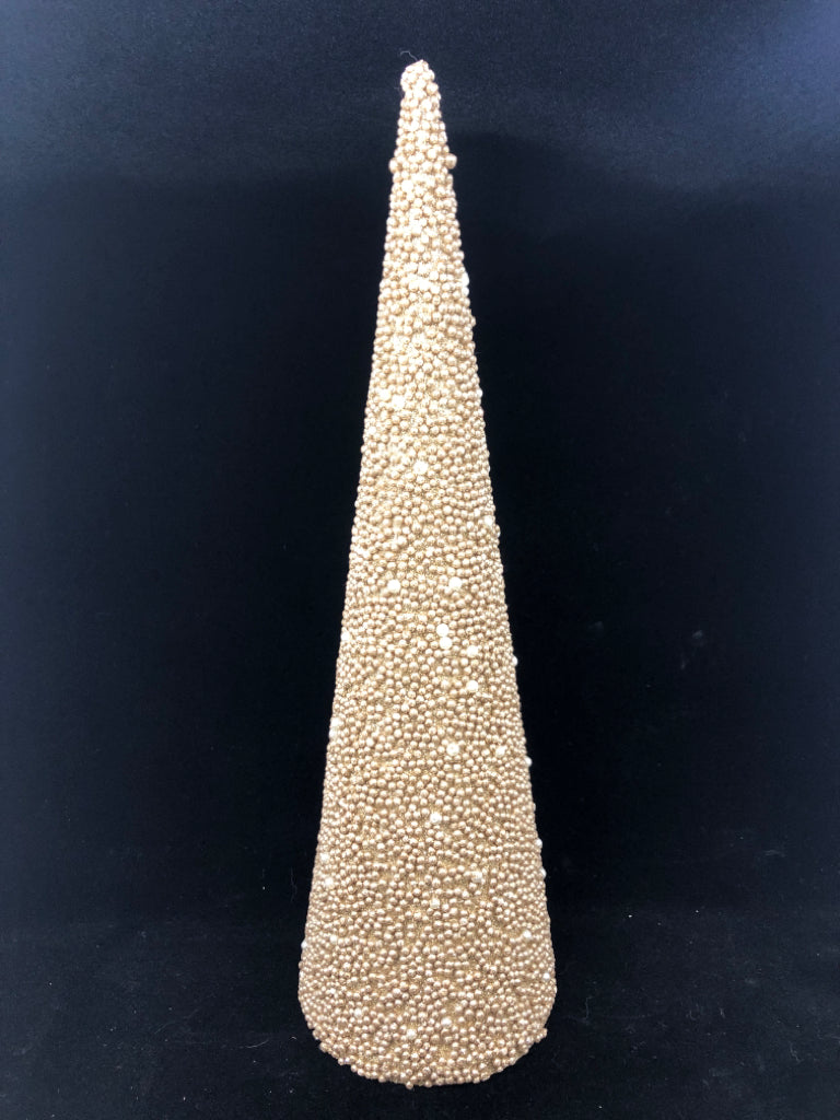 GOLD AND WHITE PEARL BEADED CONE TREE.