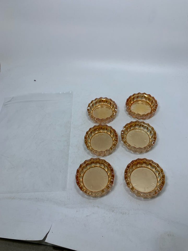 6 VTG PEACH GLASS PERSONAL ASHTRAYS SAWTOOTH EDGE IN BAG.
