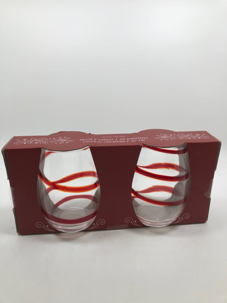 NIP 2 STEMLESS RED SWIRL WINE GLASSES.