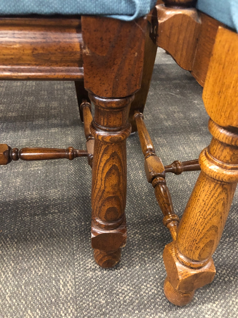 4 DARK WOOD-BLUE UPHOLSTERED DEPRESSION ERA DINING CHAIRS 2 WITH ARM, 2 WITHOUT.