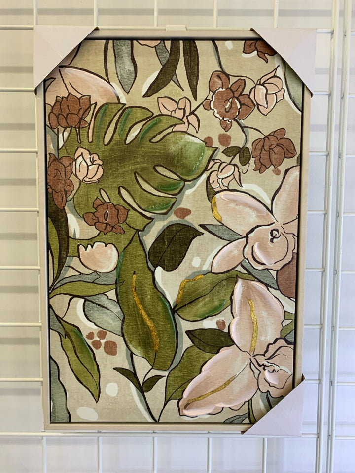 NEW PINK & GREEN FLORAL WALL ART W/ GOLD ACCENTS & PALE PINK BORDER.