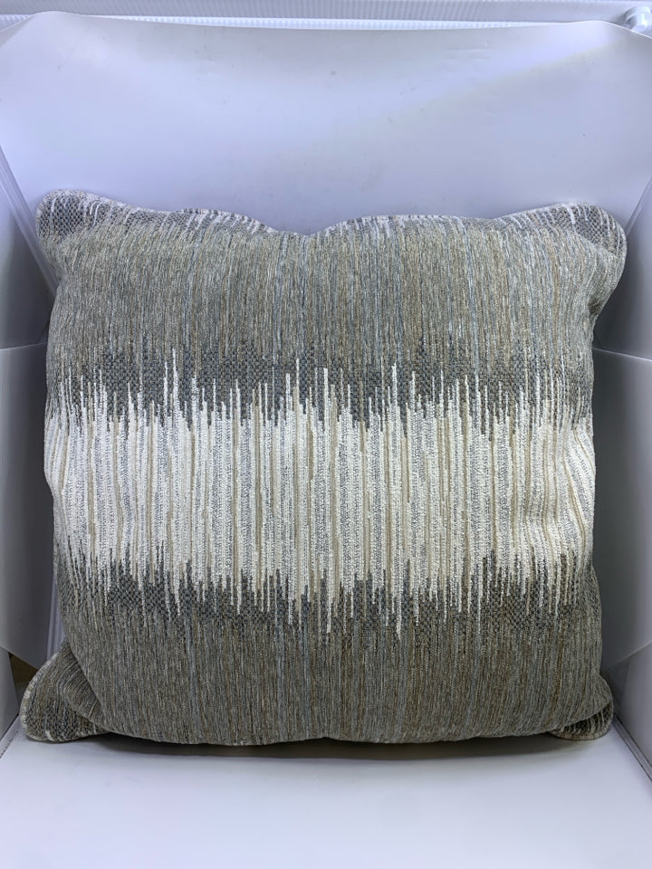 LARGE WHITE & GRAY PILLOW W/LINE DESIGN.