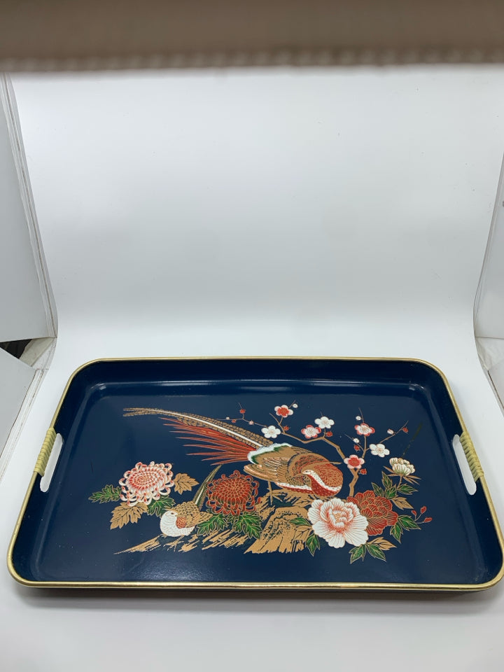 BIRDS PAINTED PLASTIC TRAY W/GOLD TRIM.